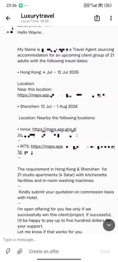 This is a real inquiry from a Saudi travel partner, showing the typical requirements me handle: 21‑pax business group, multi‑city long‑stay serviced apartments with kitchenette and in‑room washing machine, plus commission‑based cooperation.
